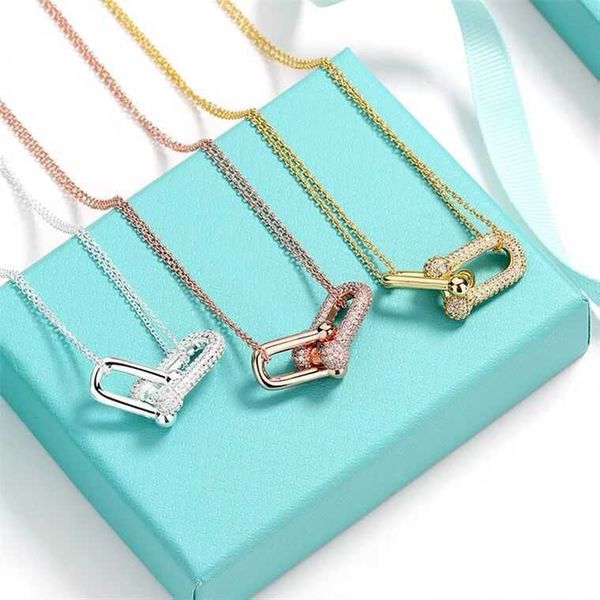 

original tiffay double ring necklace 925 sterling silver plated 18k gold inlaid diamond double ring buckle half clasp pendant female, Black