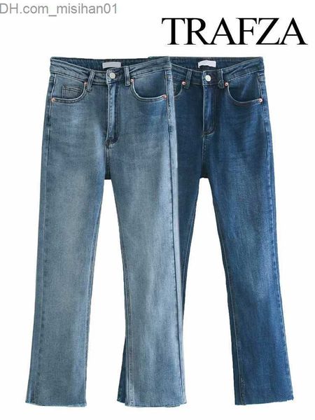 

women's jeans trafza women's zipper button pocket stitching decoration street clothing jeans dual color ultra thin pants fashion w, Blue
