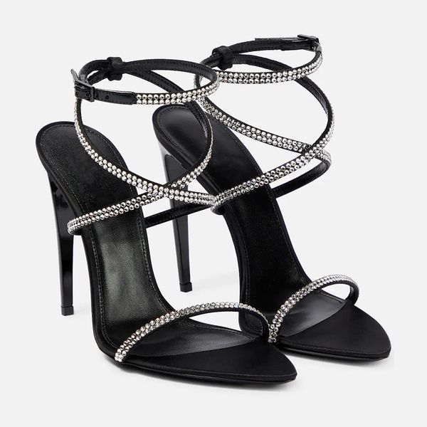 

designer sandals women shoes luxury georgia sandals in crepe satin with rhinestones open toes high heel eu35-40 with box party, Black
