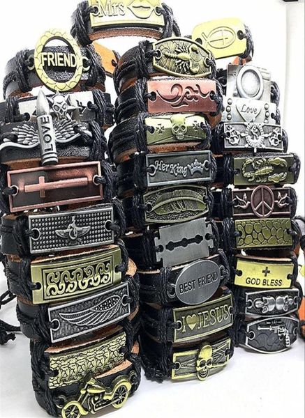 

whole 50pcs mix styles leather bracelets handmade fashion jewelry skull cuff bracelet bangles for men women brand new drop245n8902893, Black