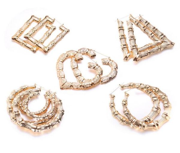 

fashion big earrings heart round shaped ethnic large vintage rose gold plated bamboo hoop earrings 5 styles mixed for women epacke3376389, Golden;silver