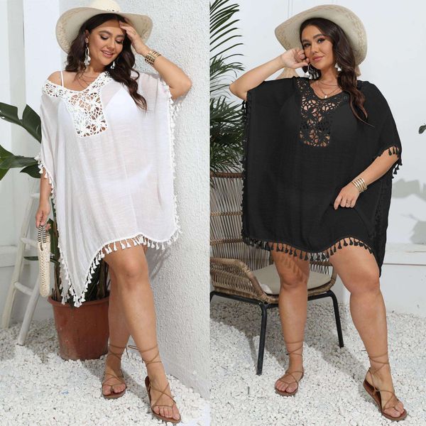 

womens dresses large sizes hand hooked flower patchwork tassels beach bikini blouse, Black;gray