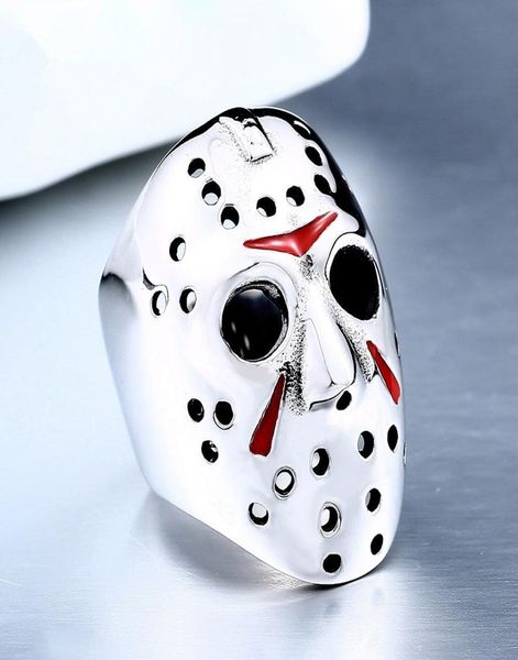 

men ring 316l titanium steel biker jason voorhees hockey mask with red colour antique ring jewelry size 7148046630, Silver