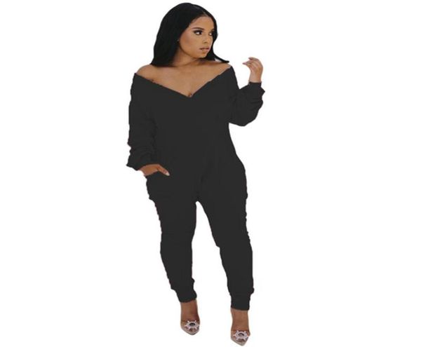 

womens jumpsuits rompers long sleeve autumn solid color back zip v neck jumpsuit with pocket5280073, Black;white