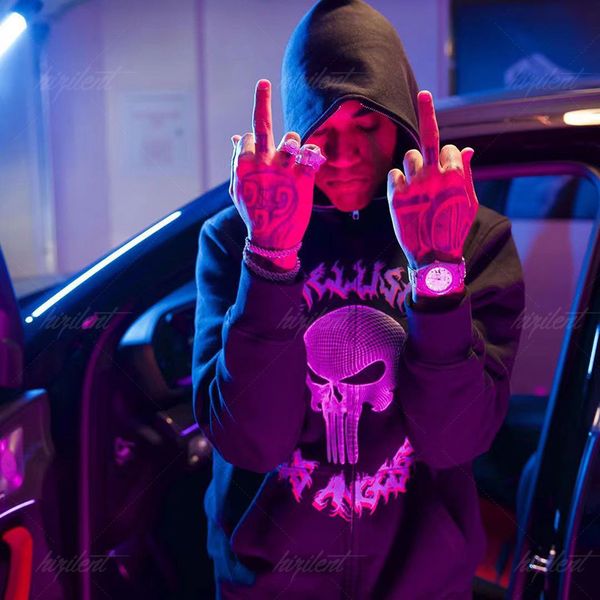 

y2k european and american autumn and winter men's gothic dark rock skull print loose hoodie sweatshirt, Black