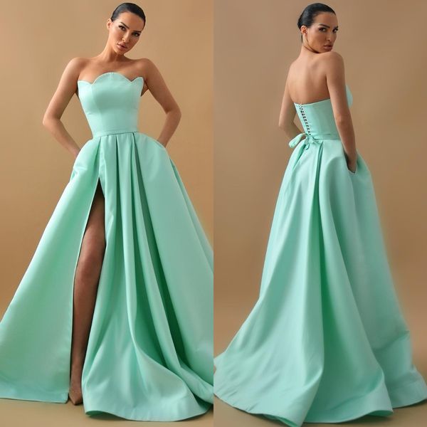 

elegant mint green a line prom dresses strapless evening dress ruffle split formal long special occasion party dress, Black