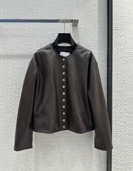 

luxury fashion autumn winter 2023 short design coat women dark brown o-neck long sleeve zipper gold button streetwear leather jacket, Black;brown