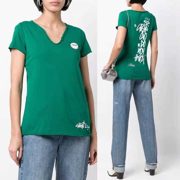 

23ss zadig voltaire designer t shirt designer small smiling face letter printing u-neck green cotton women short sleeved oversized t-shirt, White