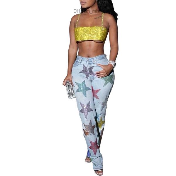 

women's jeans women's leggings new denim trousers f2023 popular sequin printed teared pentagram jeans z230728, Blue
