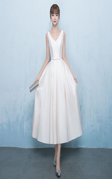 

v neck satin wedding dresses with bow tea length bridal gowns 2019 beach wedding gown bruidsjurken2892427, White