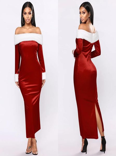 

2020 new women039s fashion party dresses christmas midlength dress skirt slit fur stitching bag hip oneshoulder dress8187418, White;black