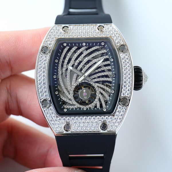 

mens skeleton diamonds luxury watch richa milles automatic mechanical eta iced out watch black rubber strap sapphire glass hollow out wristw, Slivery;brown