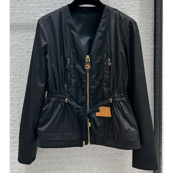 

7.28 fashion black v-neck long sleeve drawstring collect waist zipper women's jackets, Black;brown