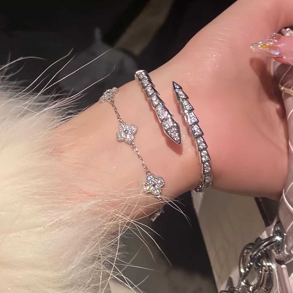 

snake shaped advanced full sparkling diamond zircon snake bone opening light luxury niche fashionable bracelet new style, Black