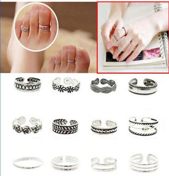 

women lady unique adjustable opening finger ring fashion simple sliver plated retro carved flower toe ring foot beach jewelry709496047775, Silver