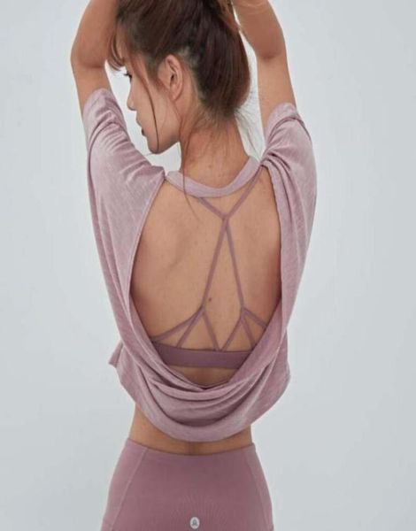 

open back pink yoga loose fit backless sport shirt black workout for women soft gym t outfit4864093