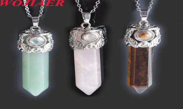 

wojiaer natural stone pendant necklace opal quartz leaf hexagon column crystal semiprecious reiki amulet jewelry bw9009989890, Silver