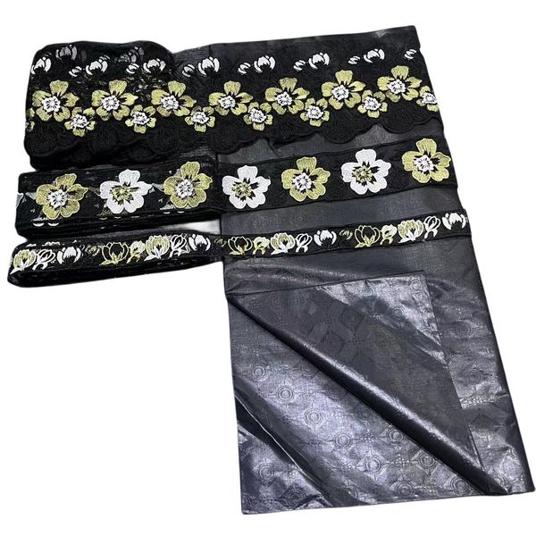 

bazin with15 yards lace trimming african women textile wedding dress solid color party dinner apparel textile sewing craft clothing premium, Black;white