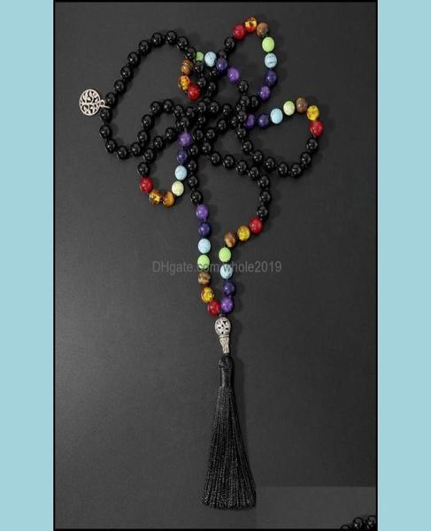 

pendant necklaces pendants jewelry oaiite 7 chakra natural stone hand knotted necklace black onyx beads mala yoga spiritual with t2304261, Silver