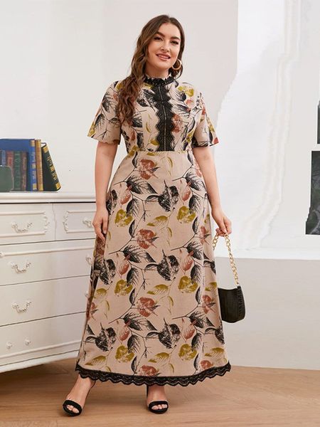 

plus size dresse size long dresses 2023 summer casual elegant short sleeve lace embroidered printed formal evening party clothing 230727, Black