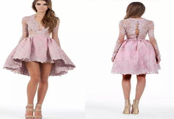 

new pink high low homecoming dresses custom made a line long sleeves high low lace applique plunging cocktail party gowns short mi3351306, Blue;pink