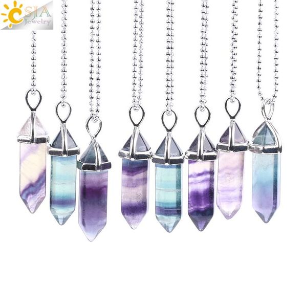 

csja multi colored natural fluorite gemstone healing point hexagonal pillar charms pendant necklaces reiki meditation jewel3114705, Silver