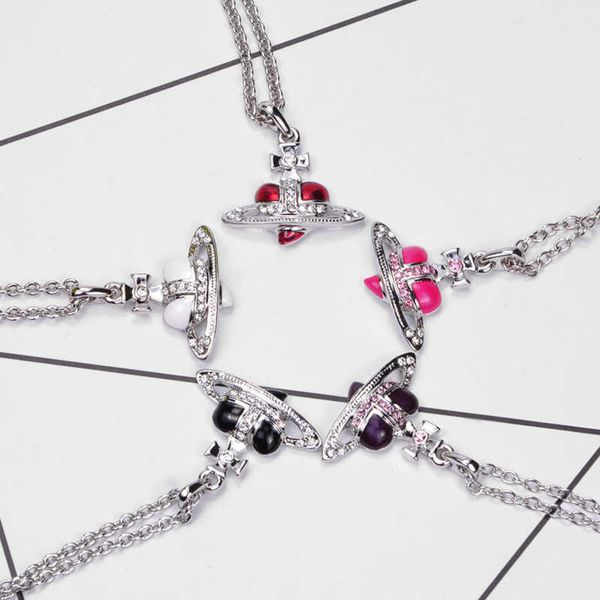 

western empress dowager vivian great love enamel color baking lacquer inlaid diamond saturn necklace ins hip hop punk clavicle chain female, Black