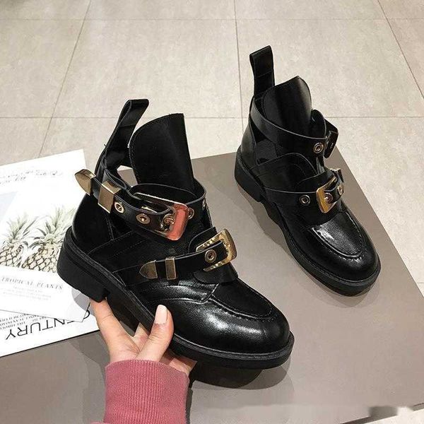 

boots huang meixi's new martin boots of the same style british thick heel round head hollow short boots versatile motorcycle boots, Black