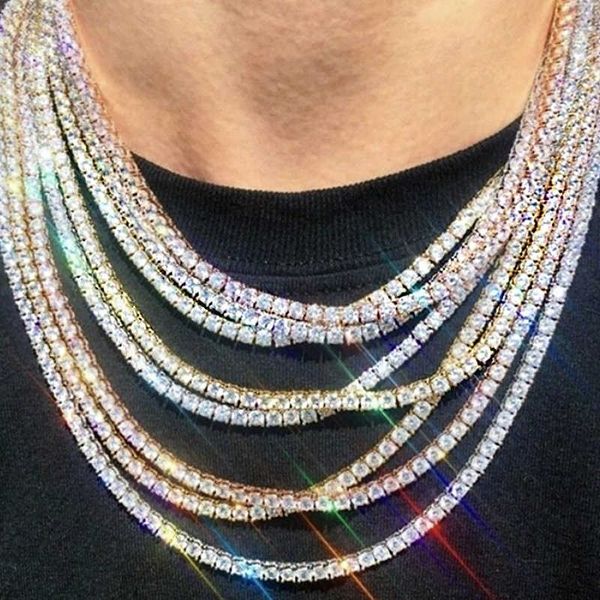 

single zircon necklace one row diamond clavicle hip hop street trendsetter tennis chain for men and women, Silver