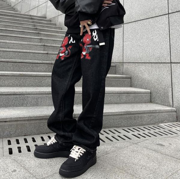 

2022ss cartoon letter print straight casual denim pants mens washed style ripped jeans baggy streetwear jean pants7919882, Blue