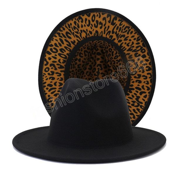 

new black with leopard bottom patchwork wool felt jazz fedora hats men women wide brim panama two tone party wedding formal hat, Blue;gray