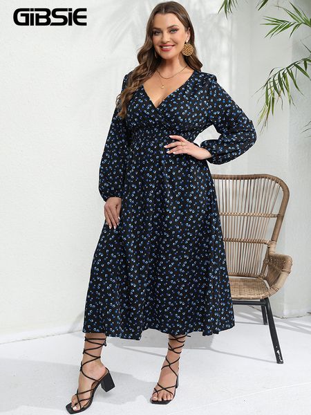 

plus size dresses gibsie size vneck bishop sleeve floral print dres 2023 spring autumn holiday casual high waist boho long 230727, Black