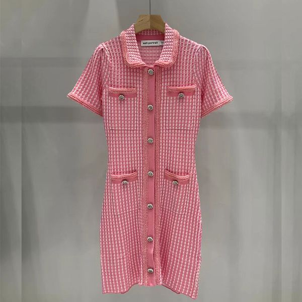 

2023 women's fashion designer luxury dress spring/summer thin pink/mist blue sparkling plaid pearl button knitted skirt. july, Black;gray