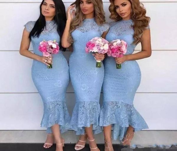 

ice blue tea length 2020 bridesmaid dresses vintage lace high low capped sleeve maid of honor gowns formal wedding guest dresses6915961, White;pink