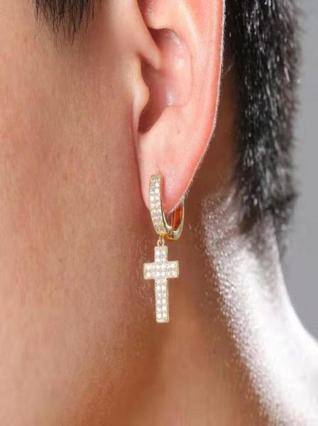 

iced out mini hoop cross dangle earrings men women hip hop luxury designer bling diamond christian dangling earring lover hoops hu9748901, Silver