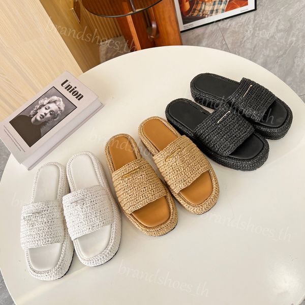 

designer slippers women sandals flat straw shoes platform slipper slip on rubber shoe summer beach slides classic mules luxury womens flip f, Black