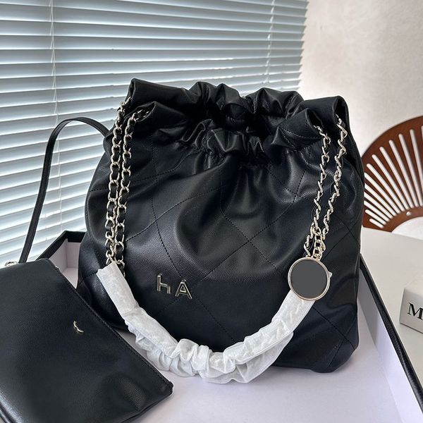 

caviar leather woman designer 22 garbage bag with coin charm zipper purse silver letters metal hardware matelasse chain shoulder handbag hig