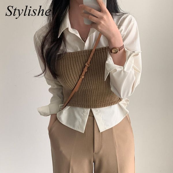 

women's tanks camis knitted strapless crop women khaki korean style solid elastic tube female spring summer long sleeve white shirt 23