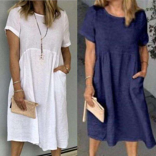 

selling loose round collar short sleeve dress cotton linen womens clothes, Black;gray