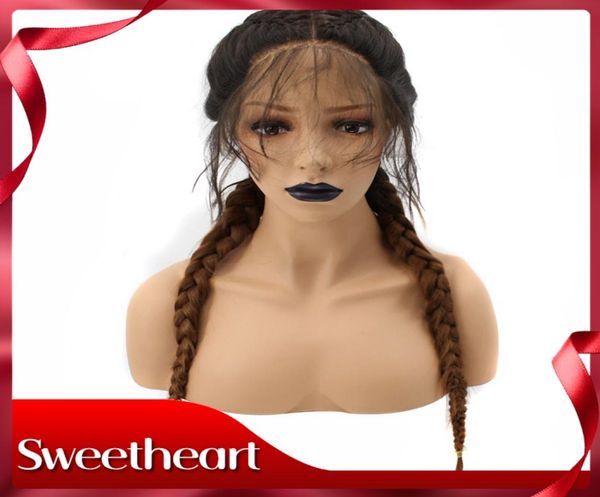 

sweetheart brown ombre dark roots long double braids high temperature fiber synthetic braided lace front wig with baby hair women 4698749, Black