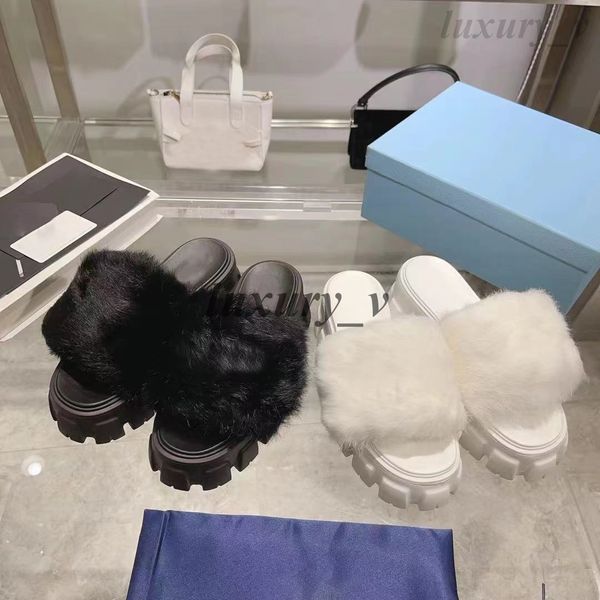 

designer monolith slippers women platform fur slides soft leather wool mules rubber sole flat sandals winter party furry slippers, Black