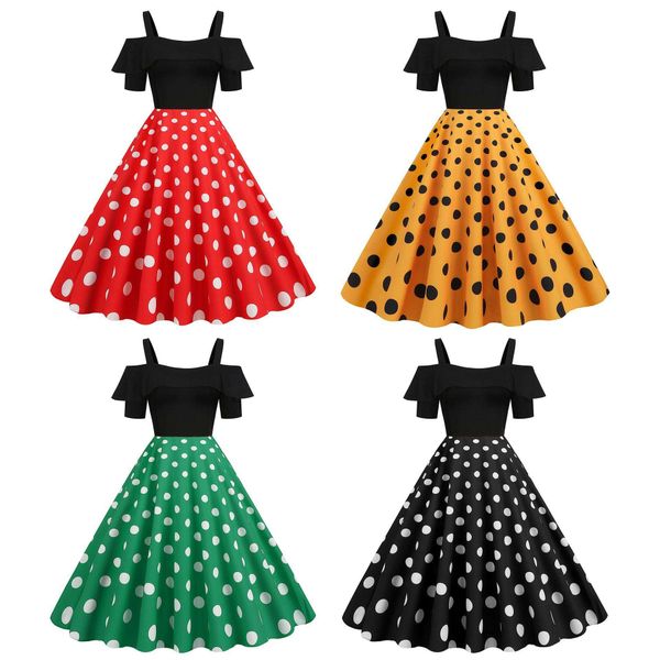 

womens hepburn retro strap ruffled short sleeve black polka dot dress, Black;gray