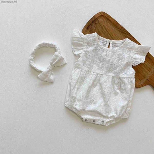 

baby girls romper+hairband summer short sleeve romper flying sleeve white onesie overalls baby girls come l230712, Blue