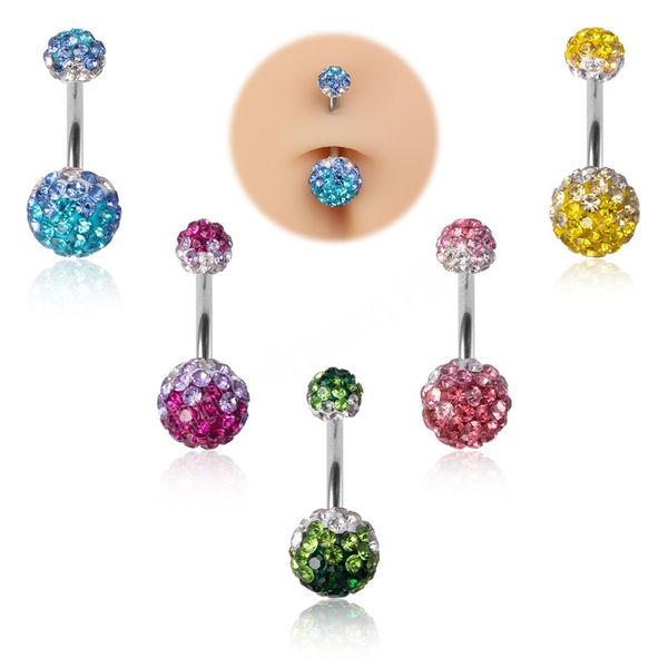 

gradient rhinestone belly button rings navel piercing belly stud stainless steel barbell bar for women body jewelry, Silver