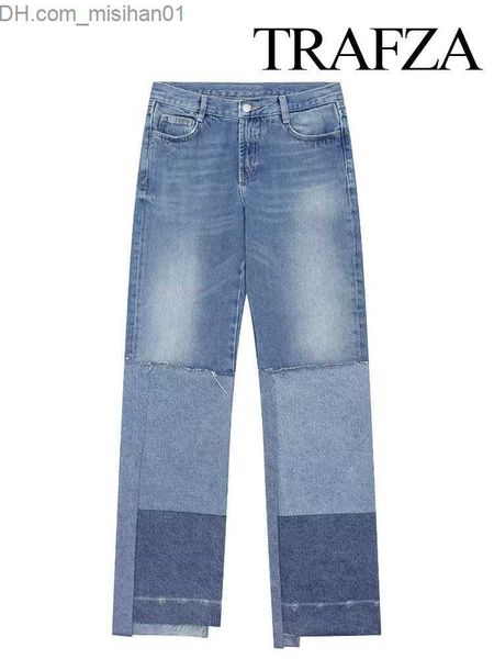 

women's jeans trafza women's fashion early autumn denim pants retro casual buttons full match low waist asymmetrical patch work st, Blue