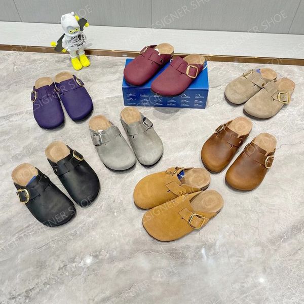 

designer slippers arizona sandals boston men's women vintage suede flat loafers classic luxury leather cork bun head beach loafers 35-4, Black