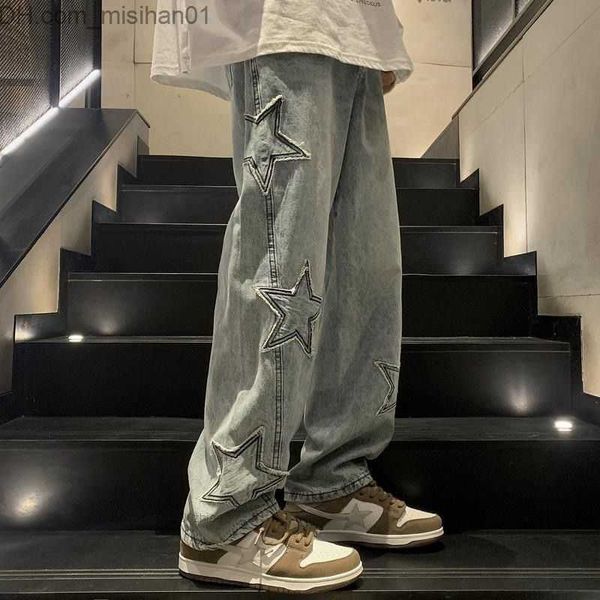 

women's jeans star embroidery straight casual men's jeans y2k vintage wide leg grunge denim pants women's bag hip hop street, Blue