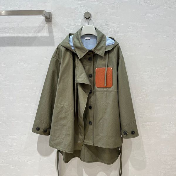 

fashion 2023 autumn design drawstring hooded cotton long sleeve jacket women 2 color leather pocket patchwork casual loose long coat, Black;brown