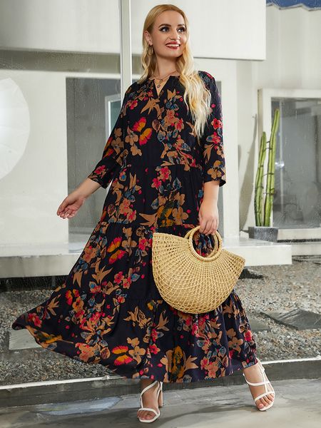 

plus size dresses 2023 spring autumn woman dress cotton v neck floral print retro loose oversized maxi long 4xl 5xl size women clothing 2307, Black