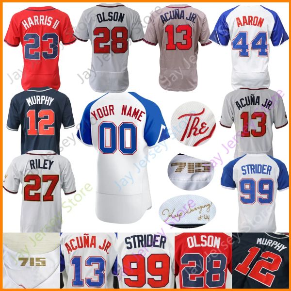 

2023 city connect baseball jersey ronald acuna jr. michael harris ii albies matt olson riley fried strider hank aaron chipper jones sanders, Blue;black